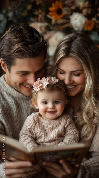Fototapeta Loving parents and their adorable baby are joyfully reading a colorful storybook together, sharing happy smiles and precious family bonding.