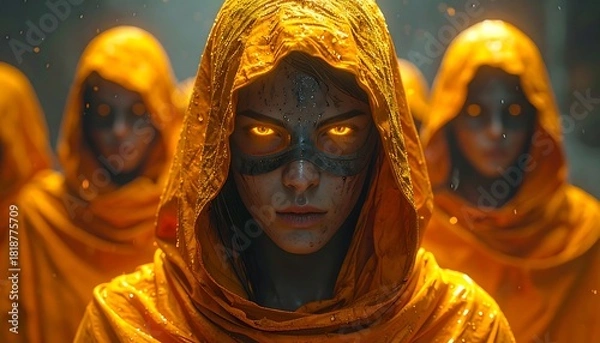 Fototapeta Group of figures in orange robes, illuminated with glowing eyes and face markings, under a rain of light