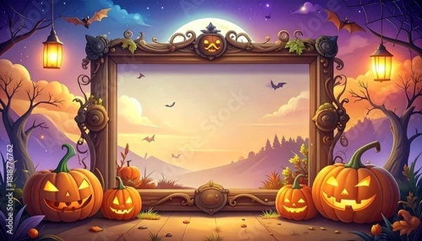 Fototapeta Halloween frame scene. Carved pumpkins sit before a blank frame, set in spooky night with bats and a harvest moon