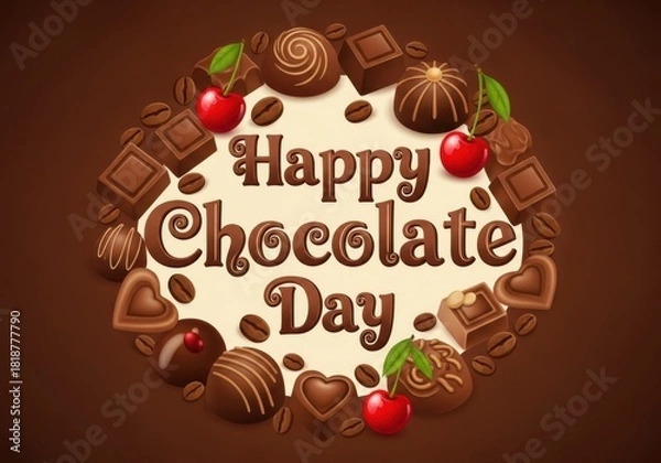 Obraz Happy chocolate day text surrounded by delicious chocolate candies, cherries, and chocolate squares in a circular arrangement