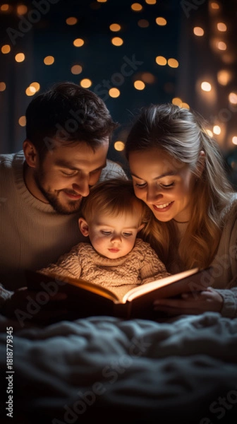 Fototapeta A happy family reads a glowing storybook together, creating a cozy and magical moment surrounded by warm bokeh lights.