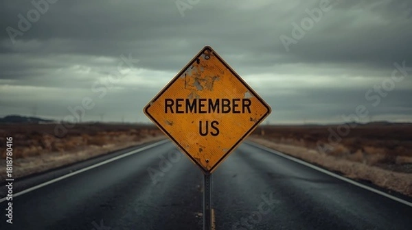 Fototapeta Worn 'Remember Us' Traffic Sign on Desolate Road