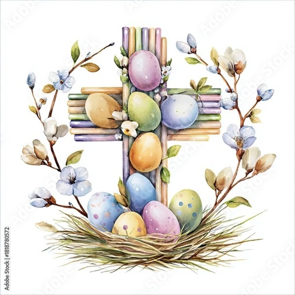 Fototapeta Easter cross crafted from candy sticks and willow branches adorned with colorful painted eggs for a festive holiday celebration