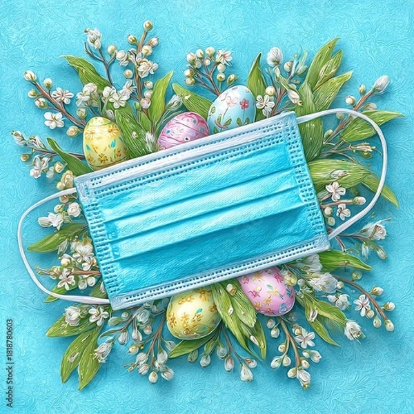 Obraz Spring celebration with a medical mask adorned with holly berries and pastel Easter eggs, blending themes of health and festivity