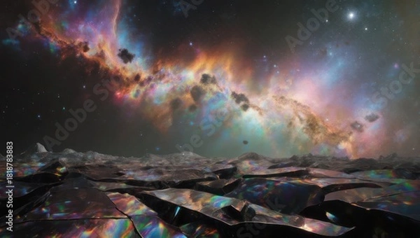 Obraz Alien Planet Landscape with Colorful Nebula Sky.