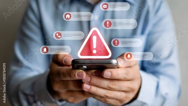 Fototapeta Mobile alert interface showing red warning triangle and floating notification icons in a soft-focused digital environment