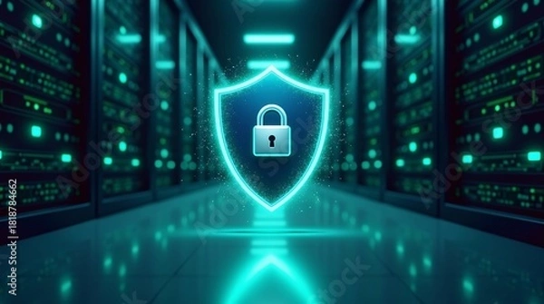 Fototapeta A glowing shield with a padlock in a server room, symbolizing data security.