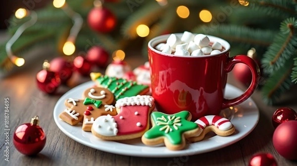 Fototapeta A red mug of hot chocolate with marshmallows, festive Christmas cookies, and holiday decorations like ornaments and a tree in the background.
