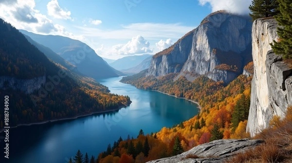 Fototapeta A scenic lake winds through a valley with autumn-colored forests, rocky cliffs, and mountains under a blue sky with clouds.