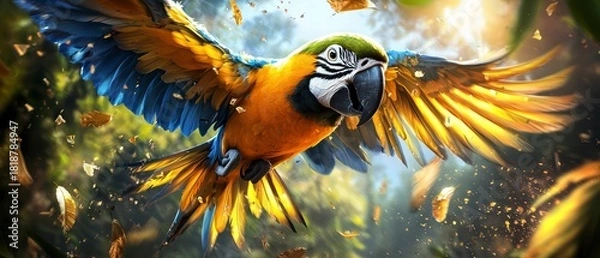 Obraz Vibrant macaw in flight tropical rainforest wildlife photography lush environment aerial view nature's beauty
