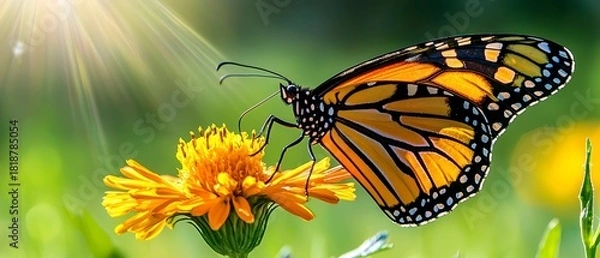 Fototapeta Butterfly pollinating flower vibrant meadow nature photography sunlit environment close-up view beauty of life