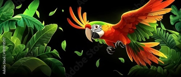 Fototapeta Vibrant macaw soaring through lush jungle artistic illustration nature scene colorful viewpoint wildlife concept