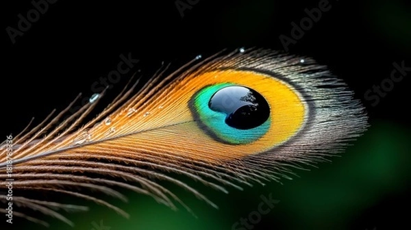 Fototapeta Vibrant peacock feather close-up nature macro photography dark background artistic perspective beauty in details