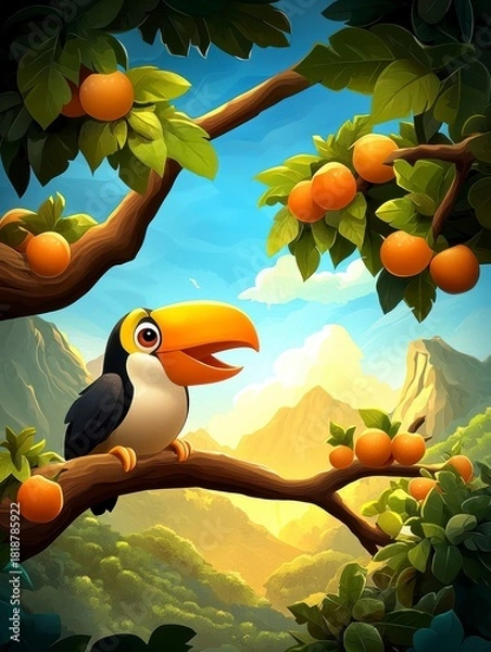 Fototapeta Colorful toucan singing in a lush orange grove nature scene vibrant landscape joyful atmosphere