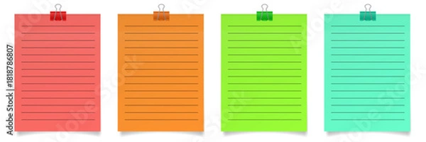 Fototapeta Set of paper notes with binder clips. Red, orange, green and turquoise sheets of paper. Metal holders. Lined notebook paper	