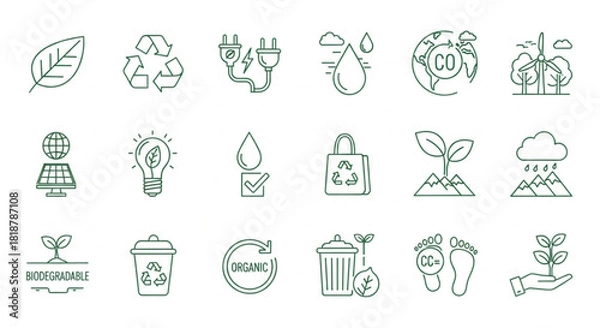Fototapeta Green Energy One Color Outline Icons – Complete Editable Vector Icon Sheet for Modern Design and Professional Use
