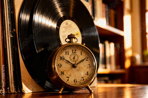 Fototapeta A vintage clock sits in front of vinyl records and a bookshelf in a warm and cozy setting