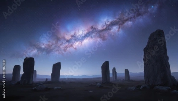 Fototapeta Ancient Stone Circle Underneath a Starry Night Sky with Milky Way Galaxy Visible.