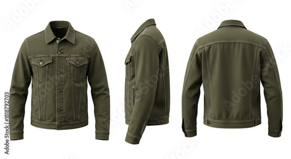 Fototapeta Empty Green Casual Jacket Mockup Displayed from Front, Side, and Back Perspectives for Apparel Design and Fashion Presentation
