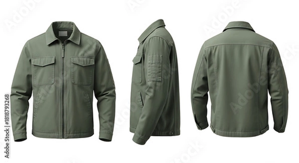 Obraz Modern green utility jacket mockup. Front, side, and back views on a white background, ideal for fashion apparel design presentations
