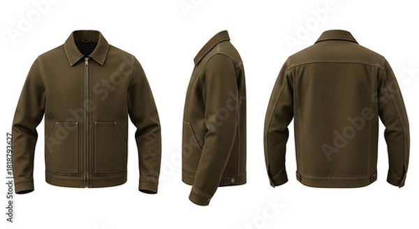 Obraz Versatile olive utility jacket mockup showcasing front, side, and back views for apparel design and fashion branding, a comprehensive garment template