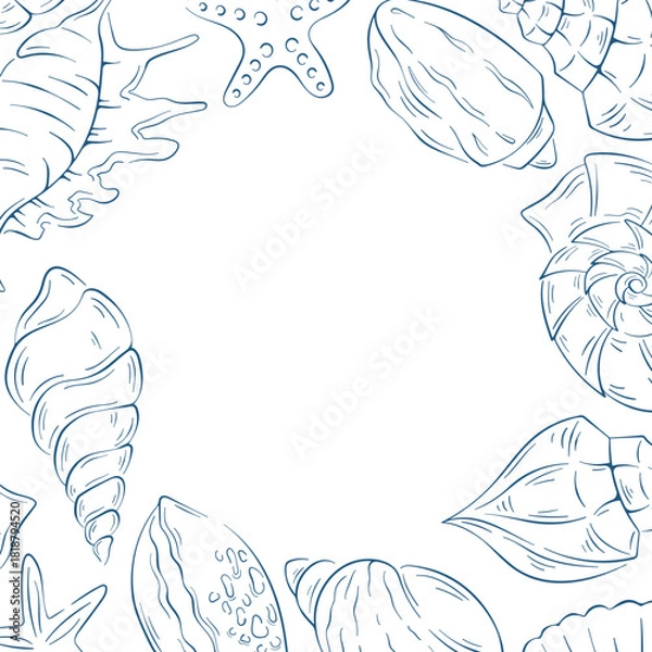 Fototapeta Line art style sea shell frame. Ocean, marine, beach concept. Illustration for greeting card, banner, poster, invitation.