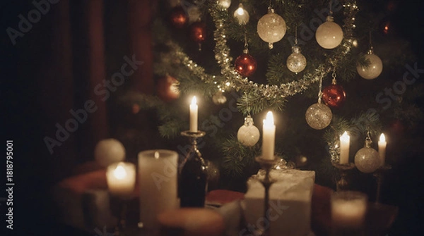 Obraz A candlelit Christmas tree with presents on a dark background.