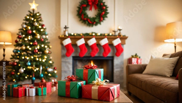 Obraz A room decorated with New Year's decorations and a decorated Christmas tree