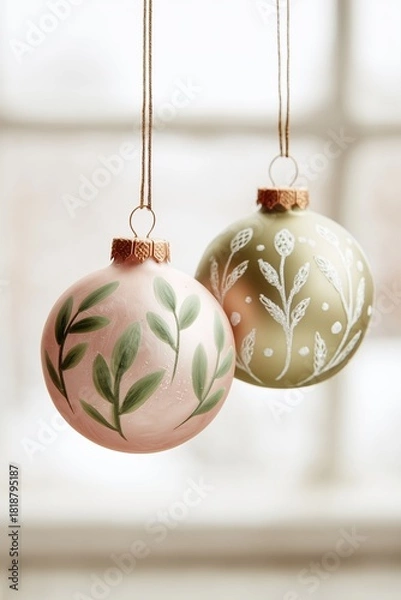 Obraz Two Christmas ornament with hand-painted botanical design hanging. One pink with green leaves, one gold with white leaves, holiday decoration