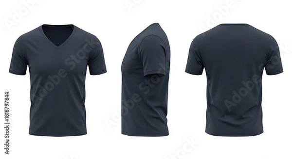 Obraz Clean and Empty Dark Blue V-Neck T-Shirt Mockup Displaying Front, Side, and Back Views for Customizable Apparel Design and Branding Presentation