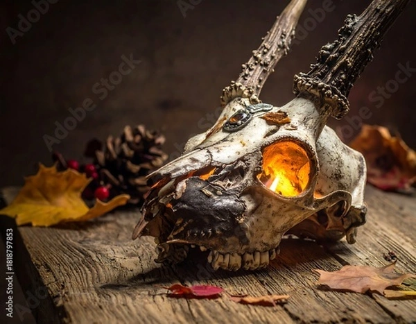 Obraz Artistic still life featuring a deer skull with lit interior and antlers