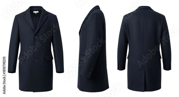 Obraz Clean dark blue men's classic overcoat mockup shown from front, side, and back views on a white background, perfect for fashion and apparel design presentations