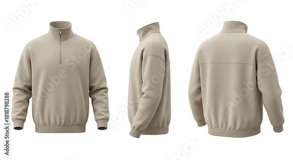 Obraz Elegant beige quarter-zip sweatshirt mockup showcasing front, side, and back perspectives, ideal for apparel design, product presentations, and fashion branding templates