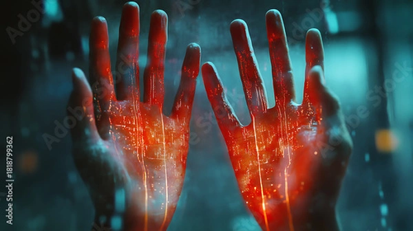 Fototapeta Hands raised in defensive guard with sweat and light reflections 