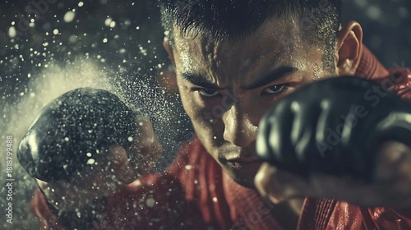 Obraz Focused expression of martial artist mid-punch with sweat particles in the air 