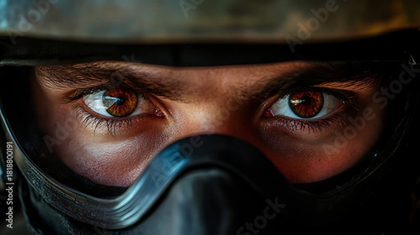 Obraz Close-up of intense eyes through a helmet visor 