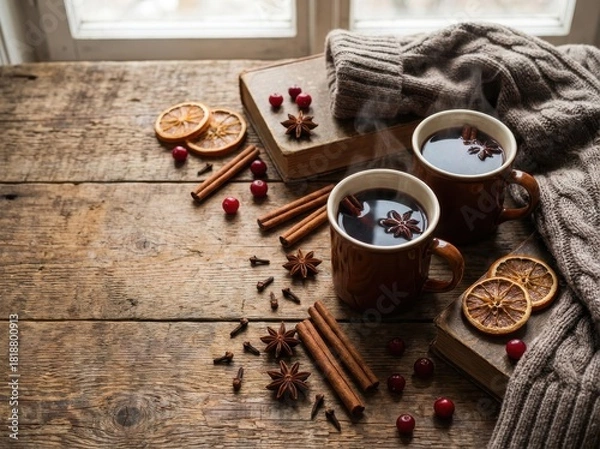 Obraz Cozy winter scene with two mugs of hot beverage, spices, and a warm sweater.