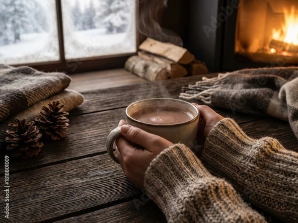 Obraz Cozy scene of hands holding a warm mug of hot chocolate near a fireplace.
