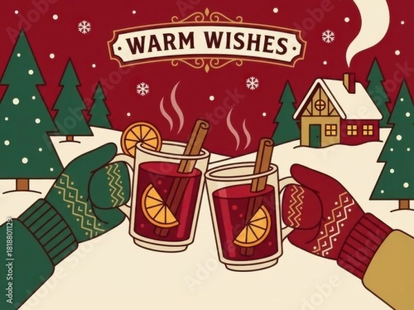 Obraz Festive illustration of two hands toasting with mugs of warm mulled wine, winter scene.