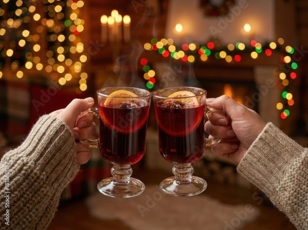 Obraz Two hands holding glasses of mulled wine with orange slices in front of a fireplace.