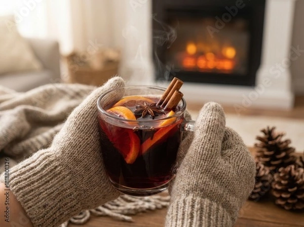 Obraz Cozy scene of hands in gloves holding a warm mug of mulled wine near a fireplace.