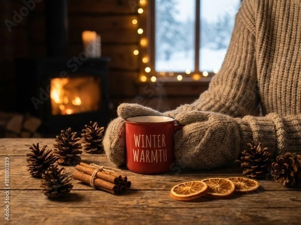 Obraz Cozy winter scene with a person holding a mug of hot drink near a fireplace.