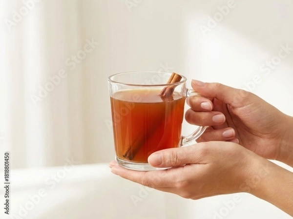 Obraz A person holding a glass mug of hot beverage with a cinnamon stick.