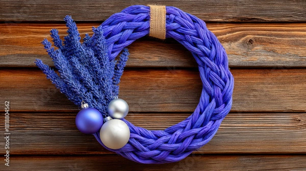 Fototapeta Diy christmas wreath decorated with purple lavender and silver baubles on wooden background for festive decor