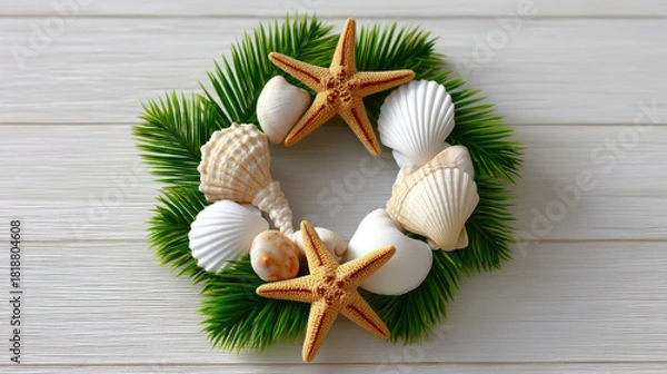Fototapeta DIY Christmas wreath made with green pine leaves, seashells, and starfish creating unique coastal holiday decoration full of charm and nature