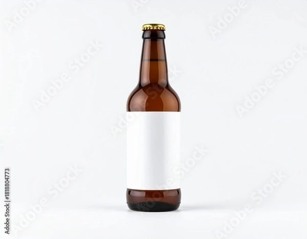 Obraz 茶色い瓶ビールのモックアップサンプル　白い無地のラベル付　白背景