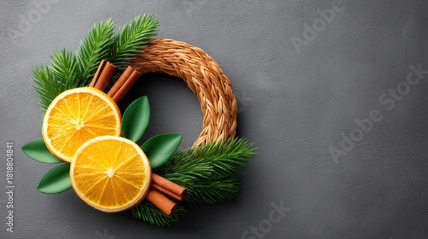 Fototapeta DIY Christmas wreath with orange slices cinnamon sticks and pine branches on gray background for festive decoration
