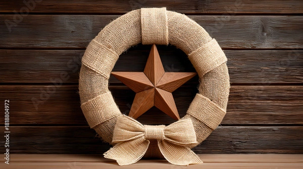 Fototapeta DIY burlap Christmas wreath with wooden star and bow on rustic wooden background creating warm festive decor