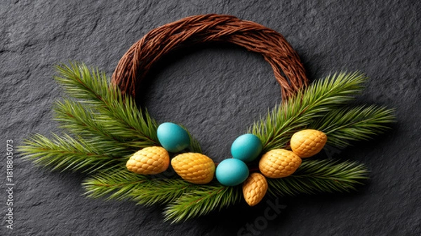 Fototapeta DIY Christmas wreath with green pine branches and decorative yellow pine cones and blue eggs on dark textured background