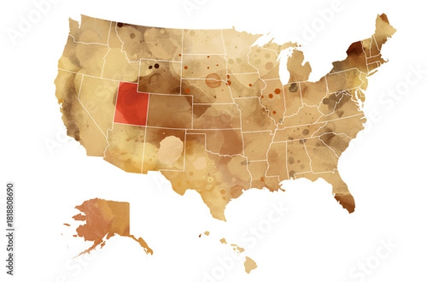 Obraz Political divisions of the USA. Watercolor map on white background with accent on state Utah in contrast red color